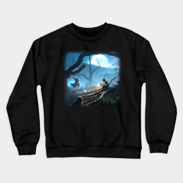 Girl in magical forest surrounded by creatures Crewneck Sweatshirt by Perryfranken